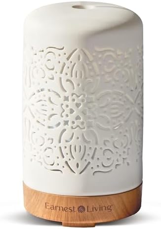 Earnest Living Essential Oil Diffuser White Ceramic Diffuser 100 ml Timers Night Lights and Auto Off Function Home Office Humidifier Ultrasonic Aromatherapy Diffusers for Essential Oils