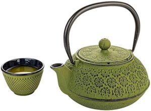 Restaurantware-30 Ounce Japanese Teapot, 1 Enamel Coated Japanese Tea Kettle - Cherry Blossom Design, Includes Mesh Strainer, Green Cast Iron Primitive Kettle, For Teabags And Loose Leaf Tea