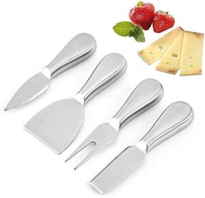 DELFINO Cheese Knives, Steel Stainless Cheese Slicer Cheese Cutter Spreader Fork, Light Weight One-Piece Silver Design, Cheese Knives Perfect Gifts for Charcuterie Board (4 Pieces Set)
