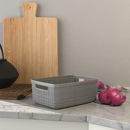 Curver Set of 8 Jute Small Decorative Plastic Organization and Storage Basket Perfect Bins for Home Office, Closet Shelves, Kitchen Pantry and All Bedroom Essentials, Grey, 8