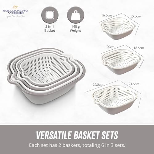 From Farm to Feast: Home Chef's 6 Pieces Colander with bowl for Gourmet Cooking Adventures, Food Strainer for Pasta Veggies and Fruits, 3 Sets - 2 in 1 Drain Basin & Basket (Grey & White)