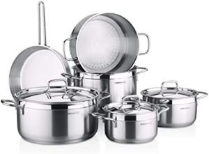 Korkmaz Alfa Plus Couscous 10 Pcs Tri-Ply Bottom Stainless Steel Cookware Set | Sandwich Bottom Induction Compatible Pots and Pans Set | Silver - KA1998