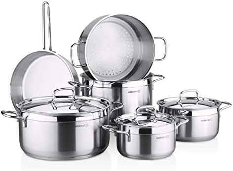Korkmaz Alfa Plus Couscous 10 Pcs Tri-Ply Bottom Stainless Steel Cookware Set | Sandwich Bottom Induction Compatible Pots and Pans Set | Silver - KA1998
