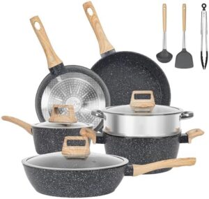 Black Pots and Pans Set, Induction Non Toxic Healthy Kitchen Cooking Set with Frying Pans, Granite Nonstick Cookware Sets, Saucepans, Steamer, PFAS PTFE PFOA PFOS Free, 12Packs