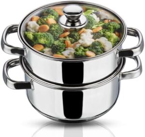 Vinod Stainless Steel 2-Tier Steamer – 20cm | Vegetable, Momo Steamer with Glass Lid, Sturdy Handle, Induction & Gas Friendly – Perfect for Couscous, Dumplings & Rice Dishes