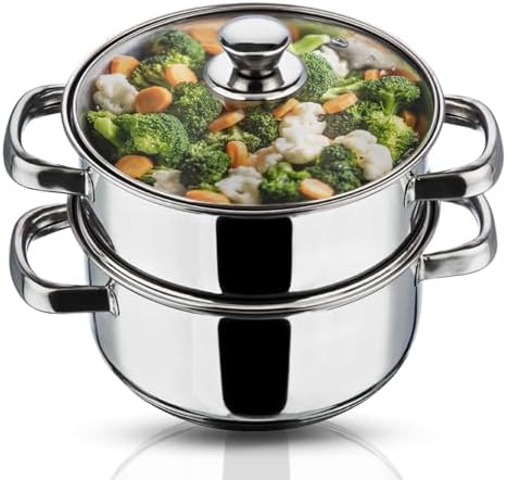 Vinod Stainless Steel 2-Tier Steamer – 20cm | Vegetable, Momo Steamer with Glass Lid, Sturdy Handle, Induction & Gas Friendly – Perfect for Couscous, Dumplings & Rice Dishes