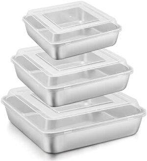 E-far 6/8/9-Inch Square Baking Pan with lid Set, Square Cake Brownie Pans Stainless Steel Bakeware Set of 3, Non-toxic & Healthy, Easy Clean & Dishwasher Safe - 6 Pieces(3 Pans + 3 Covers)