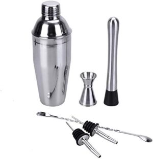 6 Pcs 750ml Stainless Steel Cocktail Shaker Mixer Bartender Double End Jigger Strainer Ice Tong Mixing Spoon Measure Cup Bar Tool
