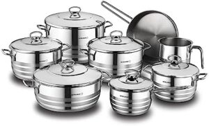 Korkmaz Astra Grande 14 Pieces Tri-Ply Bottom Stainless Steel Cookware Set | Sandwich Bottom Induction Compatible Cookware Pots and Pans Set | KA1091