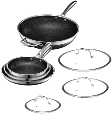 Hexclad Hybrid Nonstick Commercial Cookware 7 Piece Set with Lids and Wok, Metal Utensil Safe, Induction Ready
