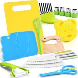 17 Pieces Montessori Kitchen tools for Toddlers-Kids Cooking sets Real-Toddler Safe Knives Set for Real Cooking with Plastic Toddler Safe Knives Crinkle Cutter Kids Cutting Board