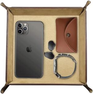 LEART Leather Valet Tray Organizer for Men and Women - Home and Office, Desk and Bedside Catchall holder for Wallets, Jewelry, Watches, Keys, Coins, Mobile, Cosmetics, TV Remote (Tan Brown)
