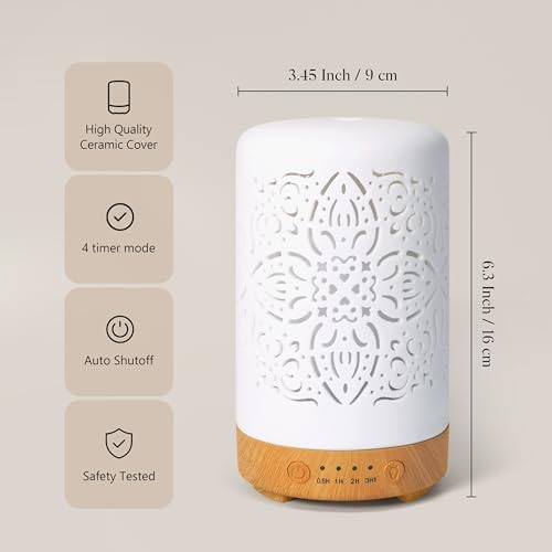 Earnest Living Essential Oil Diffuser White Ceramic Diffuser 100 ml Timers Night Lights and Auto Off Function Home Office Humidifier Ultrasonic Aromatherapy Diffusers for Essential Oils