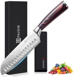 PAUDIN Santoku Knife 17.8cm ， Ultra Sharp German Steel Chef Knife ，Forged High Carbon Stainless Steel ， Ergonomic Handle for Meat, Vegetables & Seafood ， Ideal Gift for Home Chefs