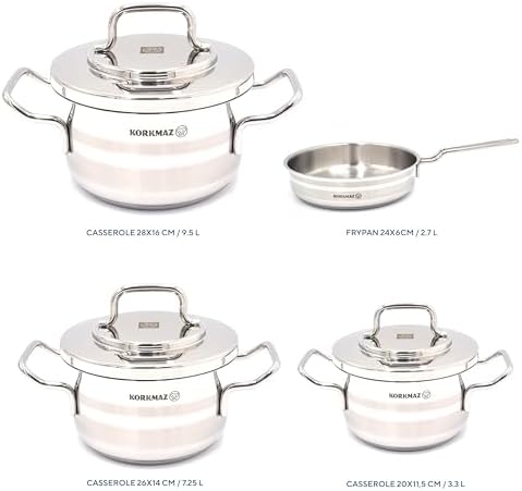 Korkmaz Astron 7 Pcs Cookware Set | Stainless Steel Pots and Pans Set | Inductions Compatible Cooking Set | Silver - KA2054