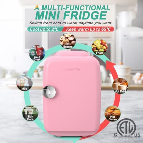 CROWNFUL Mini Fridge, 4 Liter/6 Can Portable Cooler and Warmer Personal Refrigerator for Skin Care, Cosmetics, Beverage, Food,Great for Bedroom, Office, Car, Dorm, ETL Listed (Pink)