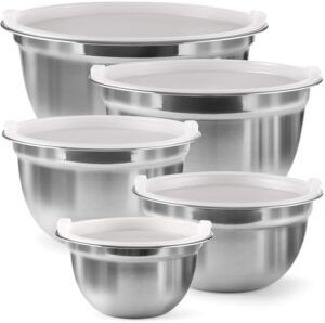 FineDine Premium Various Sizes Stainless Steel Mixing Bowl (Set of 5) With Airtight Lids, Flat Base For Stability & Easy Grip Whisking, Mixing, Beating Bowls Nesting & Stackable for Convenient Storage