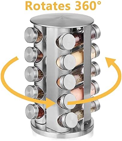 Arabest Revolving Spice Rack, Stainless Steel Spice Organizer with 20 Spice Jars, Standing Cabinet Seasoning Tower for Kitchen, Spice Containers Organizer Holder Set, Suitable for Countertop, Cabinet