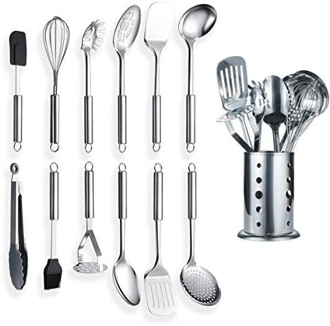 Berglander Stainless Steel Kitchen Utensil 12 Piece With 1 Stand, Cooking Spoon, Kitchen Tools Cooking Utensil With Holder. (13 Pieces)
