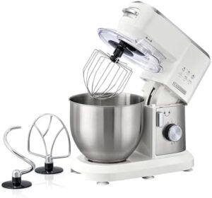 BLACK+DECKER Stand Mixer, 1000W, 6L Stainless Steel Bowl, 10 Speeds + Pulse, Planetary Action, Dough Hook, Beater, Whisk Attachments, Tilt Head, for Baking and Kneading, White - MKM100-B