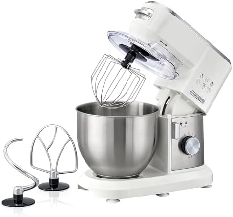 BLACK+DECKER Stand Mixer, 1000W, 6L Stainless Steel Bowl, 10 Speeds + Pulse, Planetary Action, Dough Hook, Beater, Whisk Attachments, Tilt Head, for Baking and Kneading, White - MKM100-B