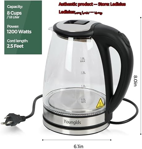 Electric Kettle1.8L Transparent Glass Kettle Stainless Steel Tea Kettle 1500W Fast Boiling Water Heater,BPA-Free Hot Water Boiler with Auto Shut-Off,Easy to Clean,LED Indicator,Perfect for Home,Office