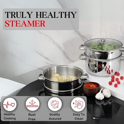 Vinod Stainless Steel 2-Tier Steamer – 20cm | Vegetable, Momo Steamer with Glass Lid, Sturdy Handle, Induction & Gas Friendly – Perfect for Couscous, Dumplings & Rice Dishes