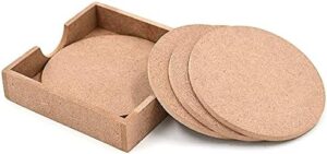 IVEI MDF DIY Round Coasters with Holder - MDF Plain Wooden Coasters & Holder Blank Cutouts for Painting Wooden Sheet Craft, Decoupage, Resin Art Work & Decoration - Set of 4 (3.5in X 3.5in)