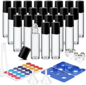 ComSaf 24 Pcs 10ml Roller Bottles for Essential Oils Leak Proof Roller Ball Bottle Set with Clear Glass Containers Dropper and Funnel for Travel Use