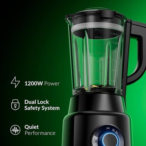 Feller Germany, 1200W Blender + Grinder Mill, 1.7L Glass Jar, Ice Crush/Smoothie/Pulse Modes, Variable Speed, 6-Fin Blade, Safety Lock, 2Y Guarantee BLG1200 UAE Stainless Steel (Black)