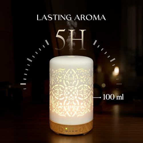 Earnest Living Essential Oil Diffuser White Ceramic Diffuser 100 ml Timers Night Lights and Auto Off Function Home Office Humidifier Ultrasonic Aromatherapy Diffusers for Essential Oils