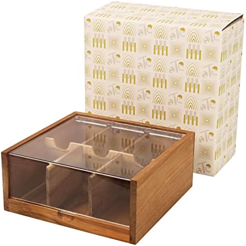 HTB Acacia Wood Tea Bag Organizer Storage, 6 Compartments Tea Chest Box with Acrylic Transparent Hinged Lid