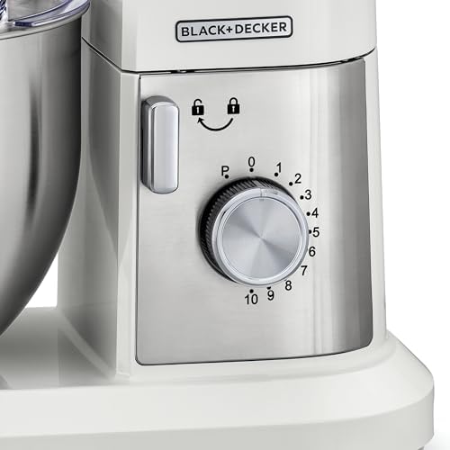 BLACK+DECKER Stand Mixer, 1000W, 6L Stainless Steel Bowl, 10 Speeds + Pulse, Planetary Action, Dough Hook, Beater, Whisk Attachments, Tilt Head, for Baking and Kneading, White - MKM100-B