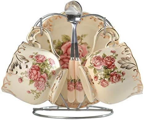 YOLIFE Tea Cups and Saucers Set, Vintage Fancy Tea Set With 3-Tier Pastry Stand, Tea Party Service for 2, Off-White Rose A004-2
