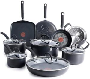T-fal Ultimate Hard Anodized Nonstick Cookware Set 14 Piece, Oven Broiler Safe 400F, Lid Safe 350F, Kitchen Cooking Set w/Fry Pans, Saucepans, Griddle, Dutch Oven, Pots & Pans, Dishwasher Safe, Black