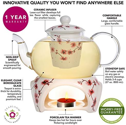 Teabloom Cherry Blossom Teapot & Flowering Tea Gift Set (6 Pieces) - Stovetop Safe Glass Teapot (27 oz / 800 ml), Porcelain Lid, Teapot Warmer, Porcelain Loose Tea Infuser + 2 Gourmet Flowering Teas