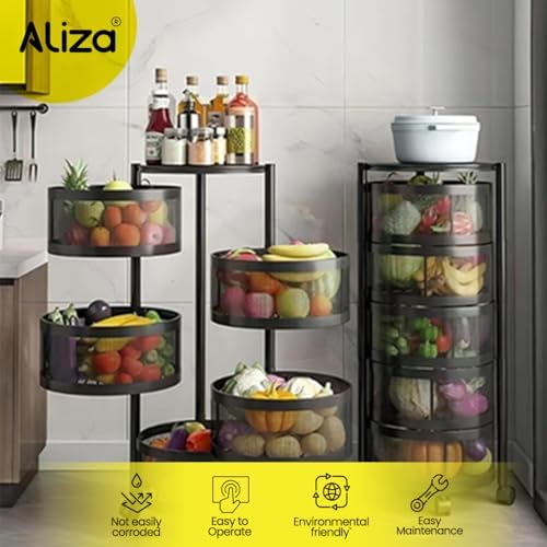 ALIZA Storage Trolley - 5 Tier Kitchen Storage Shelf Round Steel Basket - Multilayer Rotating Storage Trolley with 4 Movable Wheels for Fruits & Vegetable - Perfect Kitchen Storage