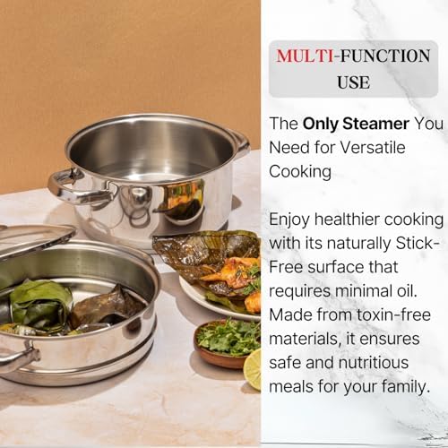 Vinod Stainless Steel 2-Tier Steamer – 20cm | Vegetable, Momo Steamer with Glass Lid, Sturdy Handle, Induction & Gas Friendly – Perfect for Couscous, Dumplings & Rice Dishes