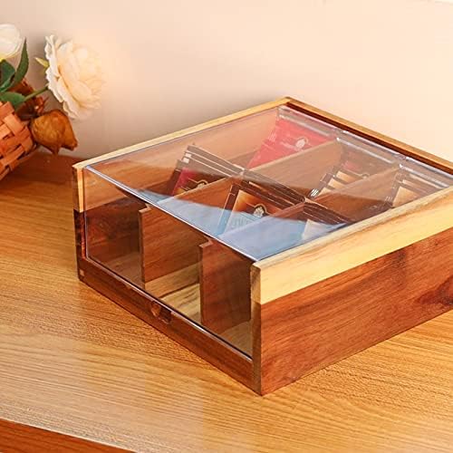 HTB Acacia Wood Tea Bag Organizer Storage, 6 Compartments Tea Chest Box with Acrylic Transparent Hinged Lid