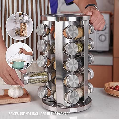 Arabest Revolving Spice Rack, Stainless Steel Spice Organizer with 20 Spice Jars, Standing Cabinet Seasoning Tower for Kitchen, Spice Containers Organizer Holder Set, Suitable for Countertop, Cabinet