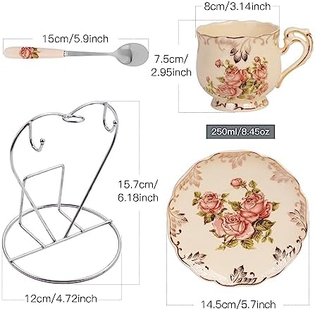 YOLIFE Tea Cups and Saucers Set, Vintage Fancy Tea Set With 3-Tier Pastry Stand, Tea Party Service for 2, Off-White Rose A004-2
