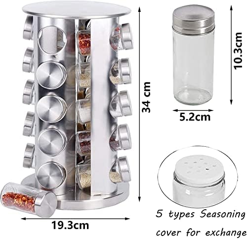 Arabest Revolving Spice Rack, Stainless Steel Spice Organizer with 20 Spice Jars, Standing Cabinet Seasoning Tower for Kitchen, Spice Containers Organizer Holder Set, Suitable for Countertop, Cabinet