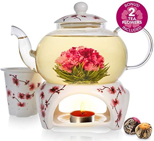 Teabloom Cherry Blossom Teapot & Flowering Tea Gift Set (6 Pieces) - Stovetop Safe Glass Teapot (27 oz / 800 ml), Porcelain Lid, Teapot Warmer, Porcelain Loose Tea Infuser + 2 Gourmet Flowering Teas