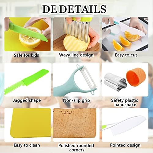 KASTWAVE Wooden Kids Kitchen Knife, Kids Knife Set Include Wood Kids Safe Knife, Serrated Edges Plastic Toddler Knife, Crinkle Cutter, Sandwich Cutter, Y Peeler, Cutting Board (Crocodile, 11 Pieces)