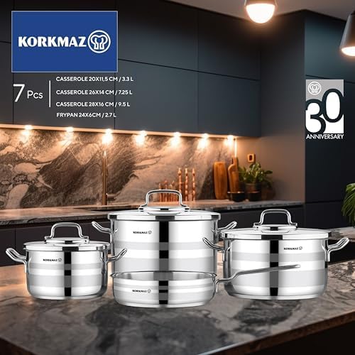 Korkmaz Astron 7 Pcs Cookware Set | Stainless Steel Pots and Pans Set | Inductions Compatible Cooking Set | Silver - KA2054