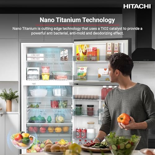 Hitachi 710L Gross, Net 510L, Top Mount Double Door Refrigerator, No Frost Fridge, Freezer, Inverter Control With Dual Fan Cooling, Touch Screen Control, Movable Twist Ice Tray, Black-RV710PUK7KBBK