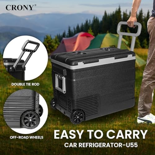 CRONY U55 12V/24DV Car Refrigerator 55L Electric Cooler Car Fridge APP Bluetooth Control -20°C to 20°C, Portable with Wheels Freezer for Camping Travel Outdoor, Dual Power Options