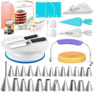 RFAQK 64 Pcs Cake decorating supplies with Cake Turntable-Cake leveller- 24 Numbered Icing Piping Tips with Pattern Chart and EBook- Straight & Angled Spatula-30 Icings Bags- 3 Icing Comb Scraper set