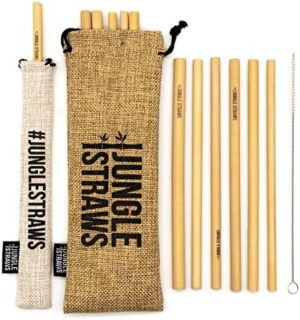 Jungle Straws 12 Pack Reusable Bamboo Straws 8" • Hessian Bag & Straw Pouch • Cleaning Brush • 100% Organic & Handmade in Vietnam • Eco Friendly Natural Drinking Straw • Zero Waste Wooden Straws