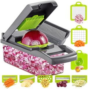 Ourokhome Vegetable Chopper, Onion Chopper, 12 in 1 Professional Mandoline Slicer for Kitchen, Multifunctional Food Chopper Cutter for Potato, Tomato, Veggie with 8 blades and Filter Basket (Gray)